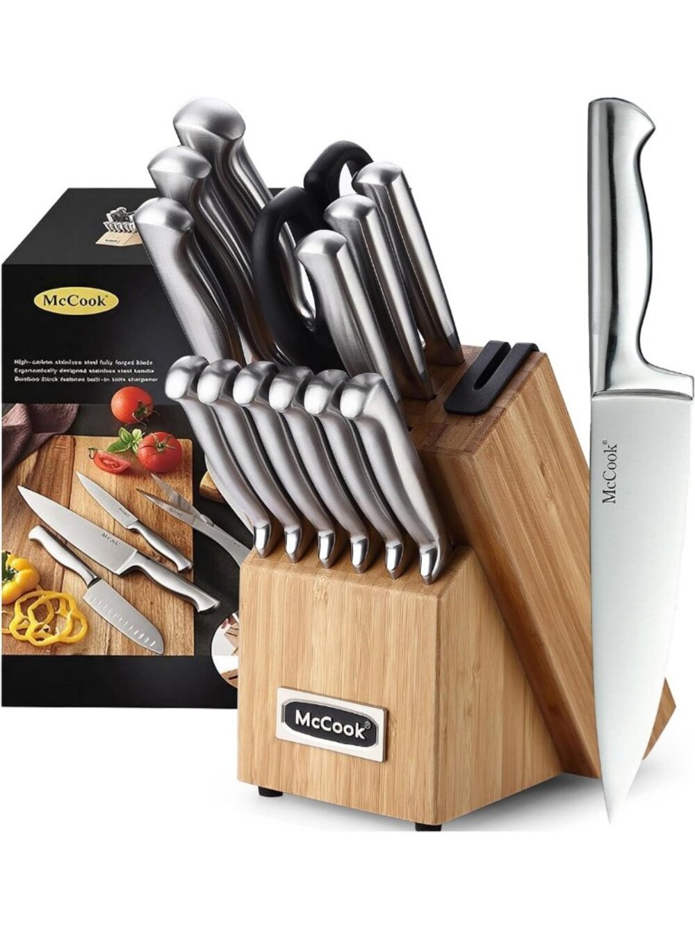 Premium Kitchen Knife Set with Block & Built-in Sharpener - Stainless Steel